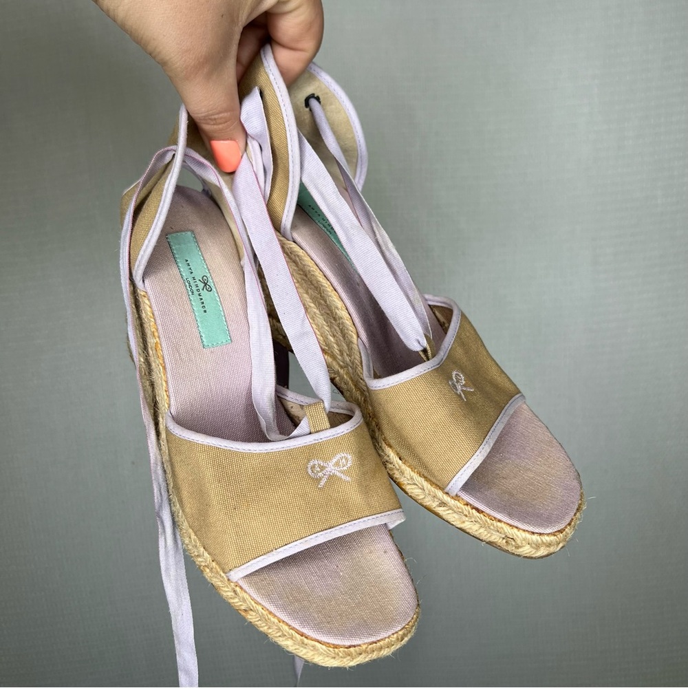 Anya Hindmarch | Canvas Wedge Tan and Purple Espadrille‎ Shoes Ankle Ties Bow 8